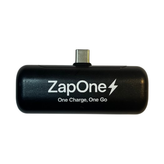 ZapOne USB-C charger, front view, with the tagline One Charge, One Go